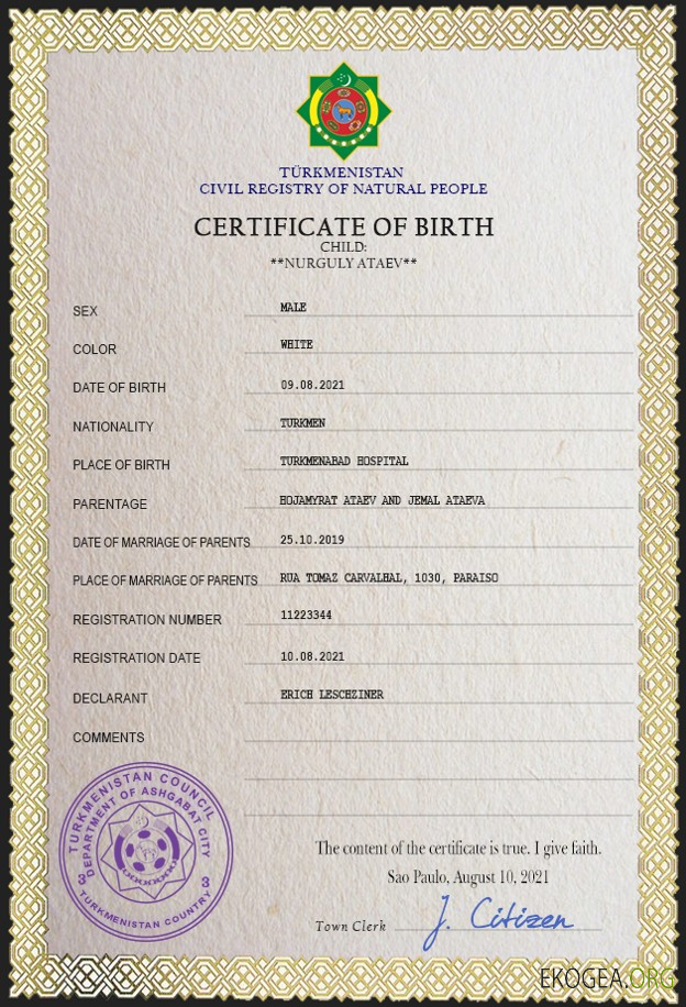 Modèle PSD de certificat de naissance d'état civil du Turkménistan